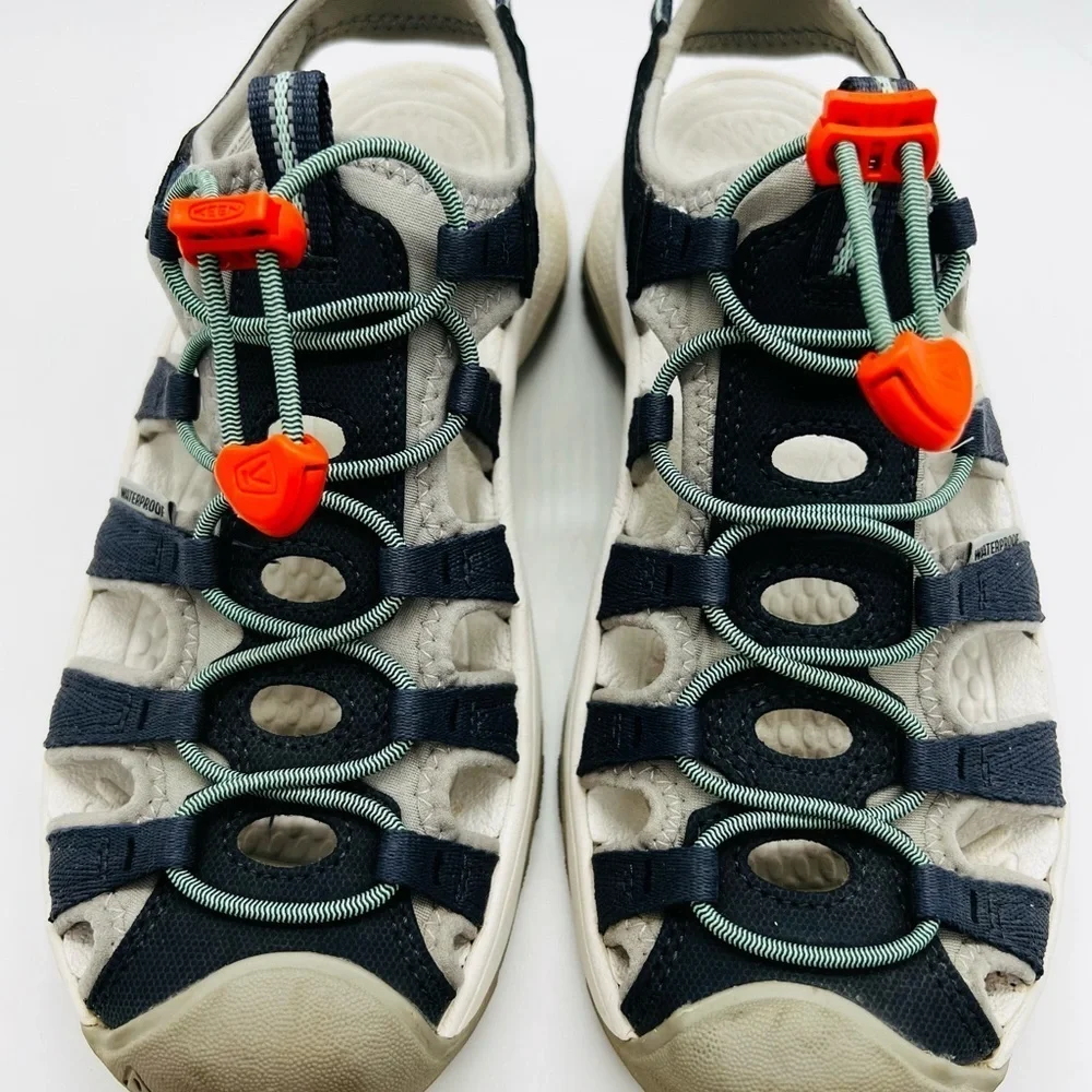KEEN Women’s Stylish Blue and Gray Waterproof Sandals with Orange Accents Size 7